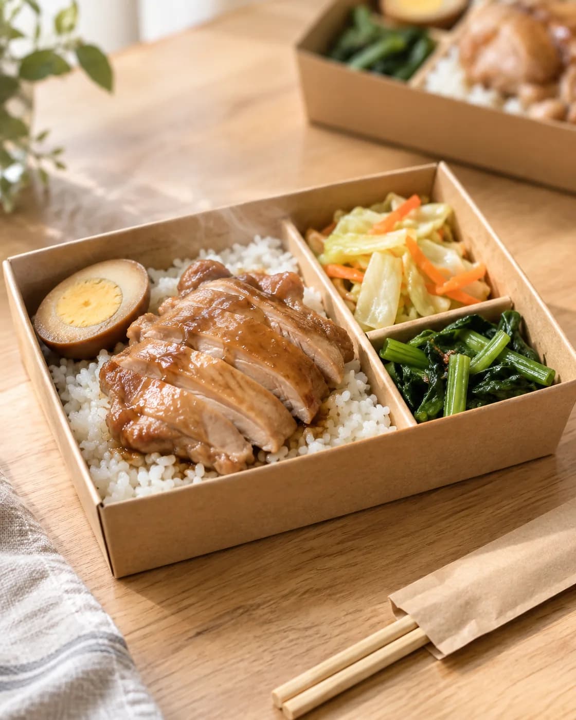 白米、雞肉與家常配菜便當的供餐情境