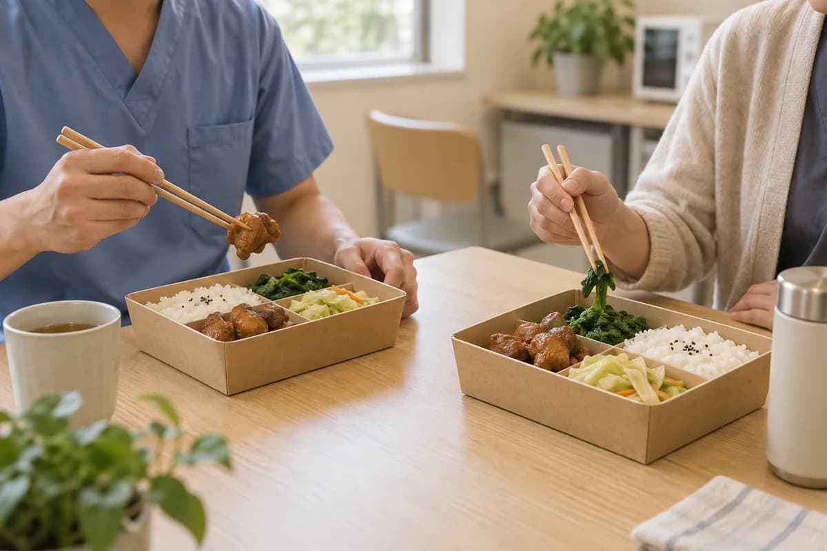 兩位工作夥伴共享便當的午餐情境