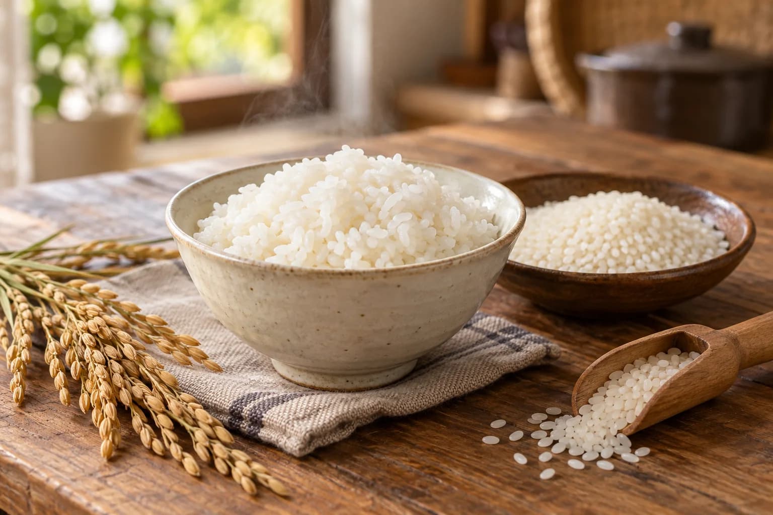 白飯、生米與稻穗擺放在木桌上的米食情境