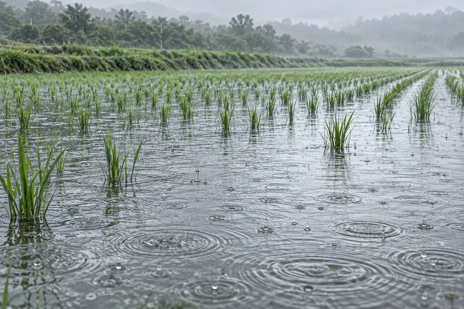 細雨在水田盪起圈圈漣漪，成排青綠秧苗延伸至薄霧中的田埂與樹林