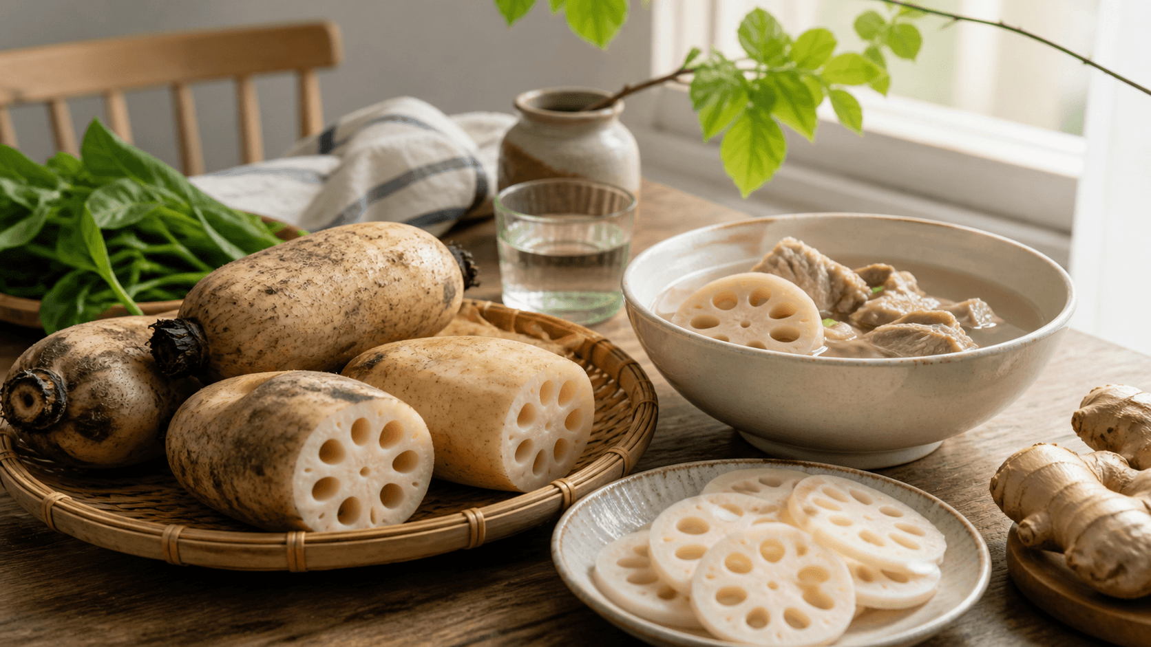夏日家常餐桌上的新鮮蓮藕與蓮藕排骨湯