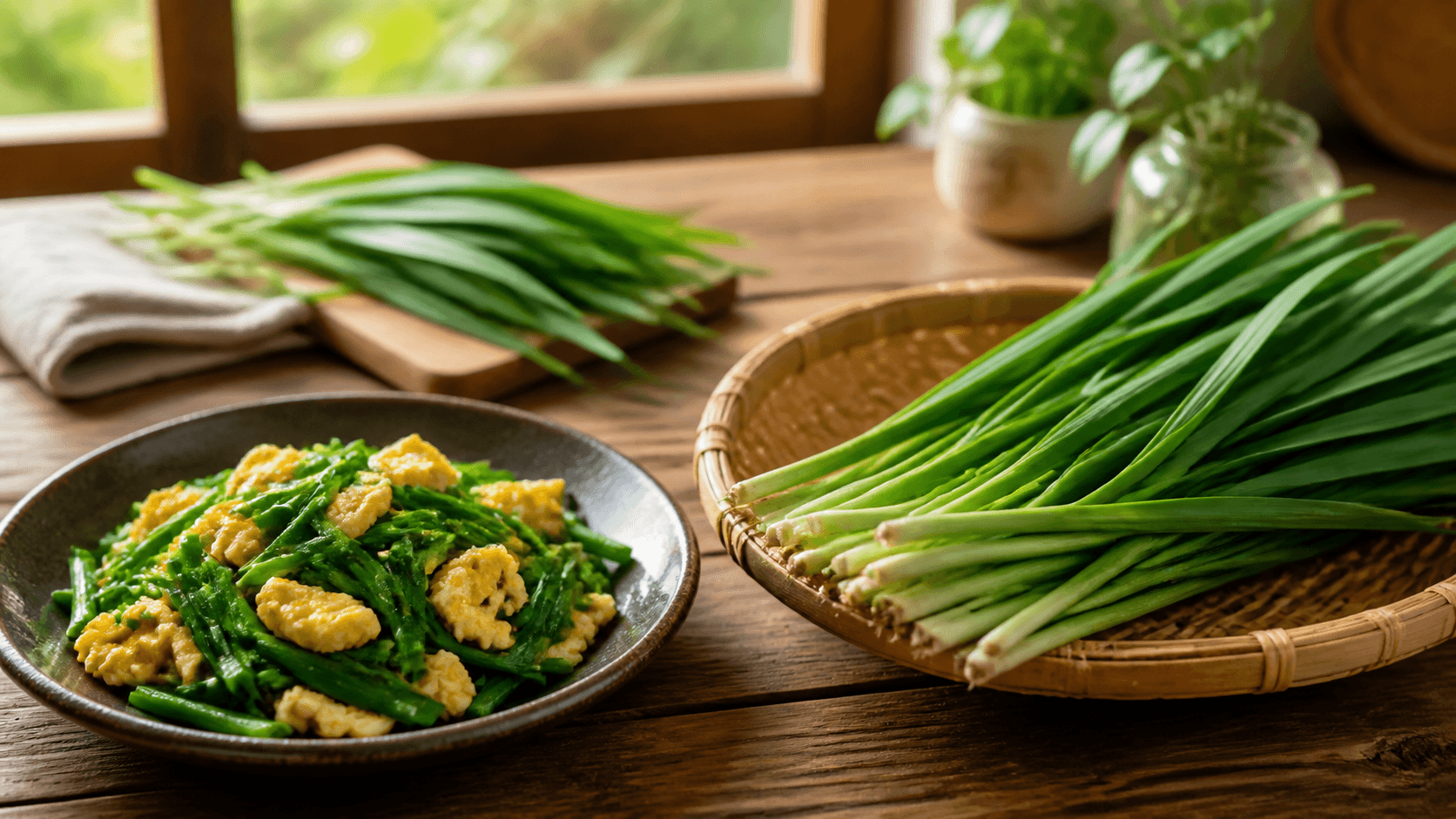竹籃中的新鮮韭菜與一盤韭菜炒蛋，呈現處暑家庭料理情境