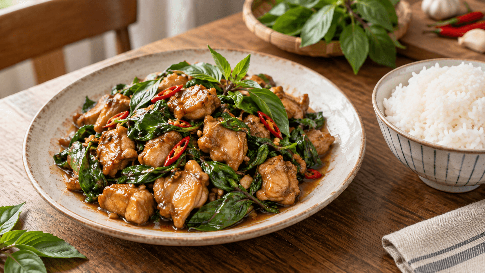 塔香雞丁盛盤，九層塔葉與醬香雞肉搭配一碗白飯的料理情境示意