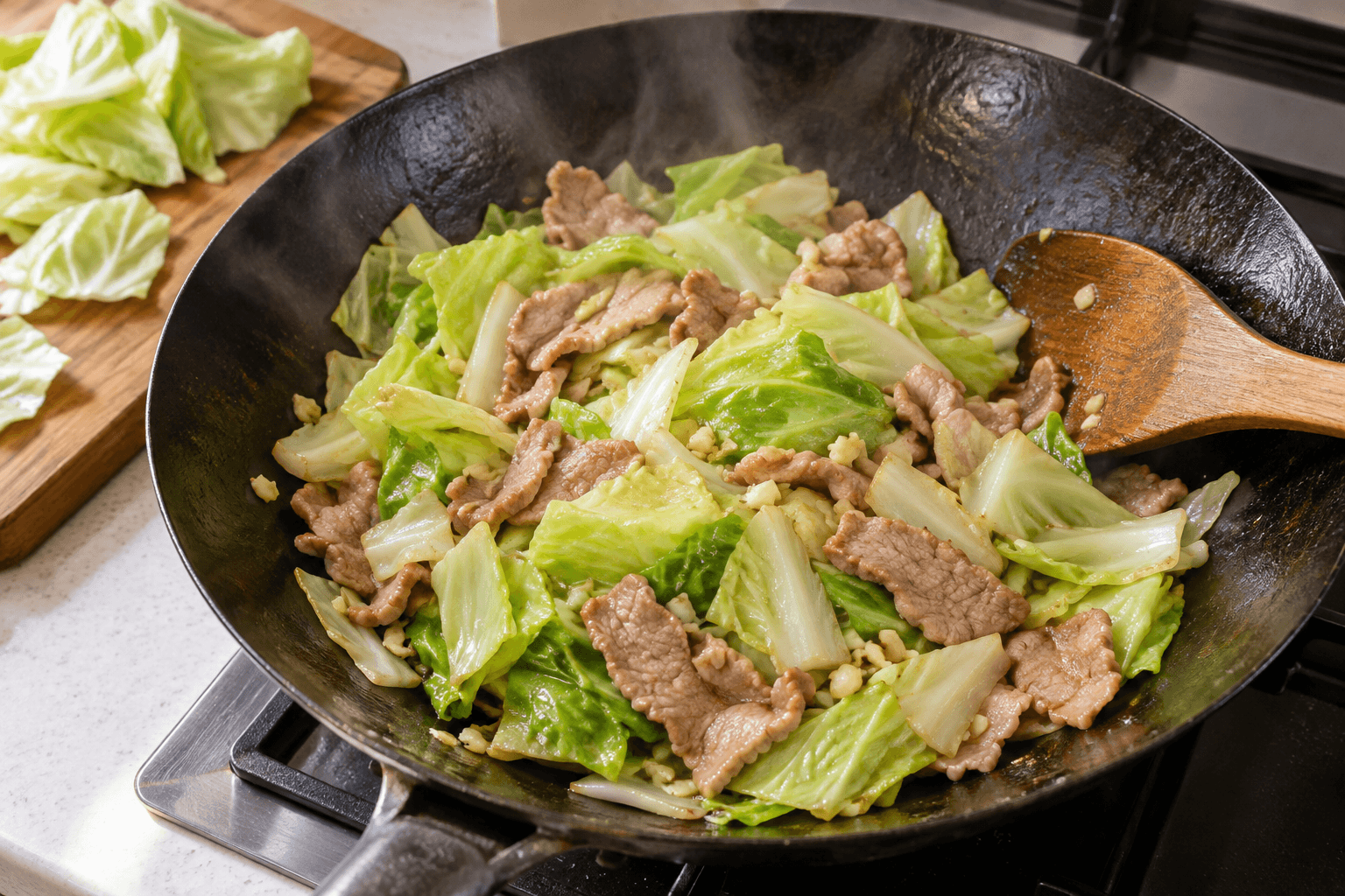 蒜香甘藍炒豬肉的備料與料理情境，AI 生成示意