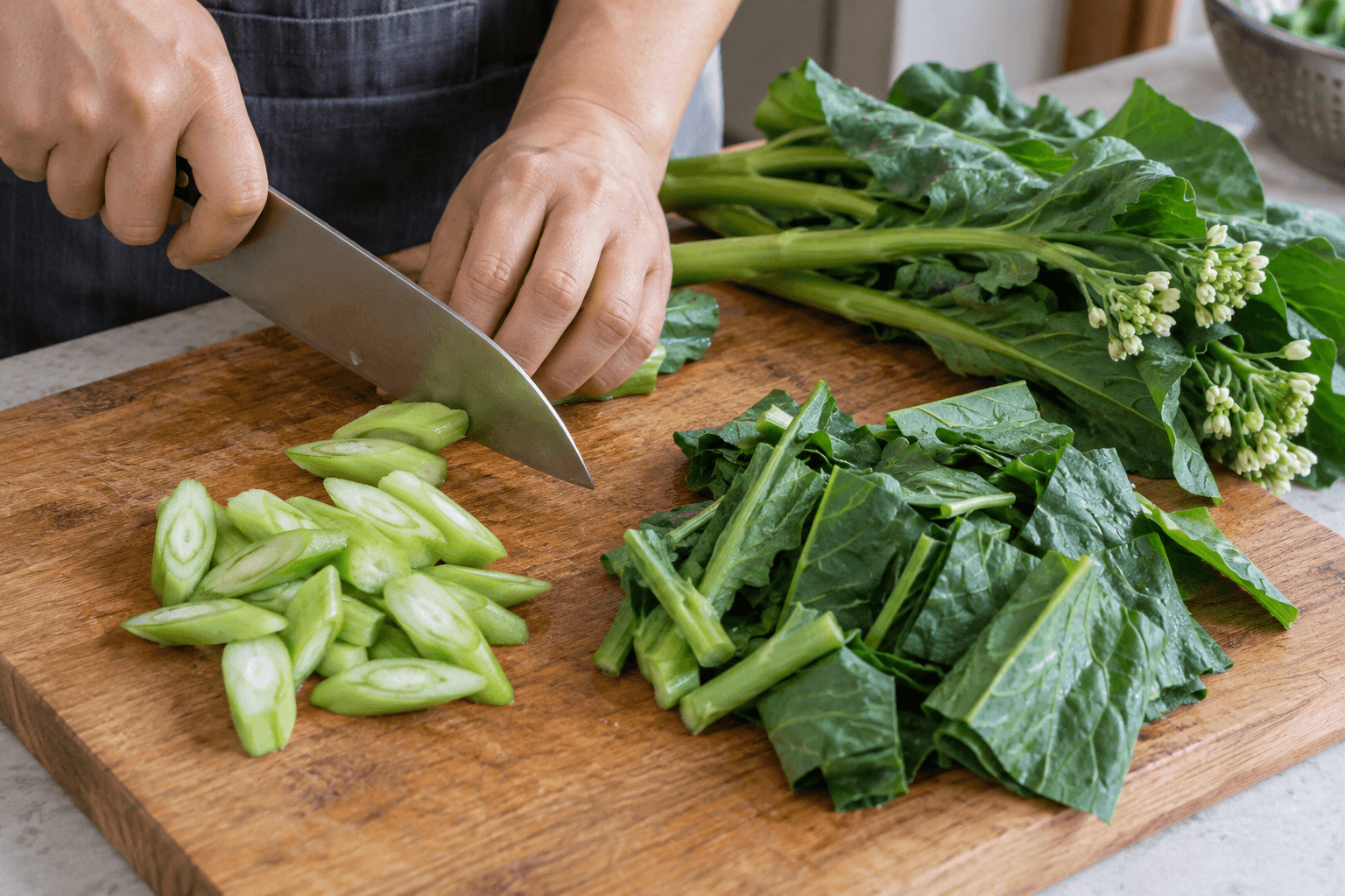 蒜香芥藍炒牛肉的備料與料理情境，AI 生成示意