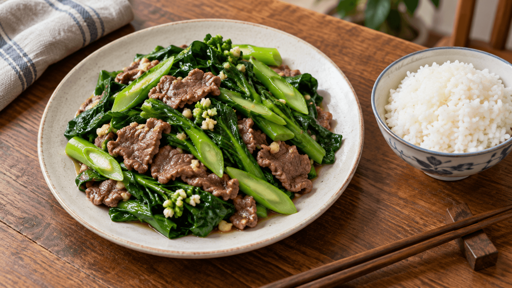 蒜香芥藍炒牛肉搭配一碗白飯的配飯料理情境