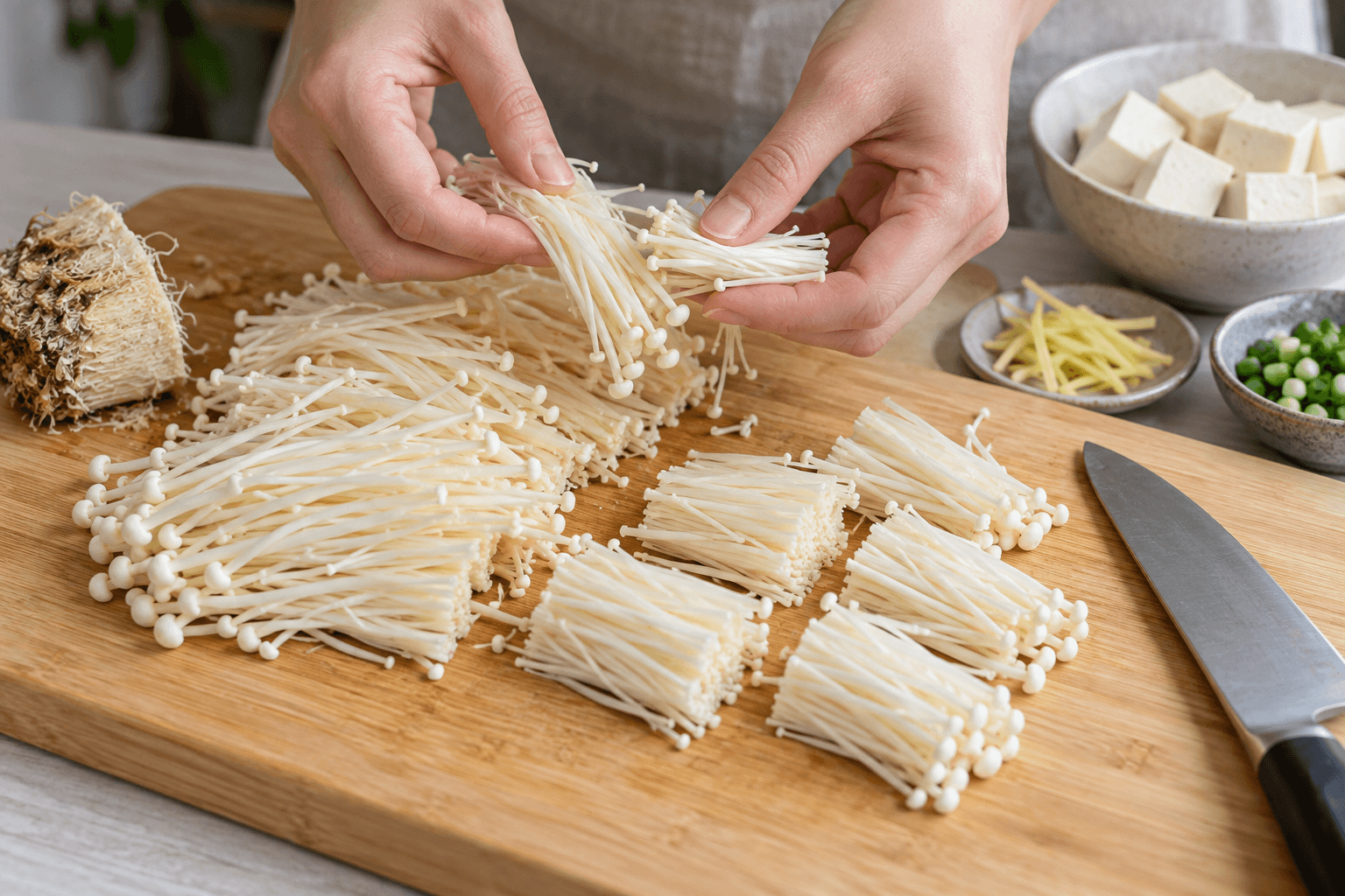 薑香金針菇豆腐煲的備料與料理情境，AI 生成示意