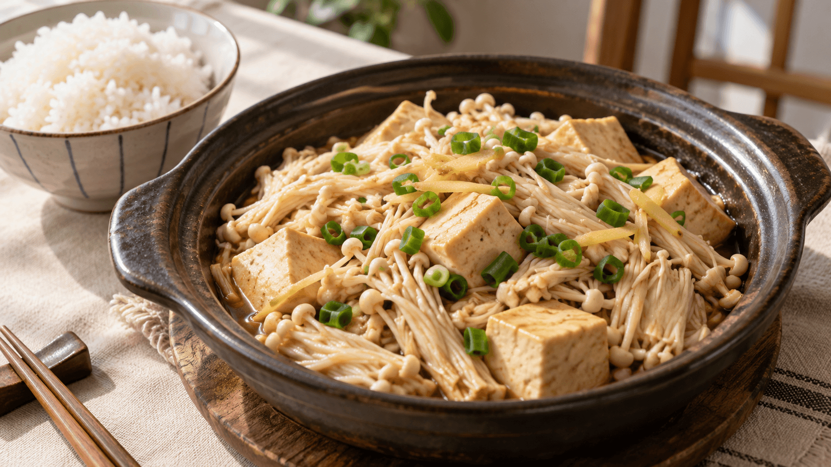 薑香金針菇豆腐煲，熟金針菇與板豆腐裹著薄醬，旁放一碗白飯；AI 生成料理示意