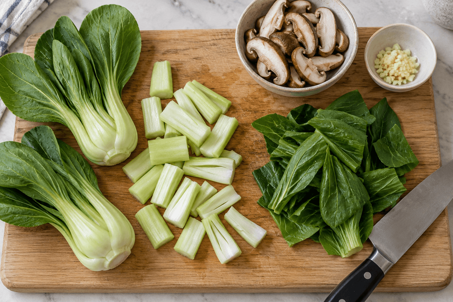 香菇燴青江菜的備料與料理情境，AI 生成示意