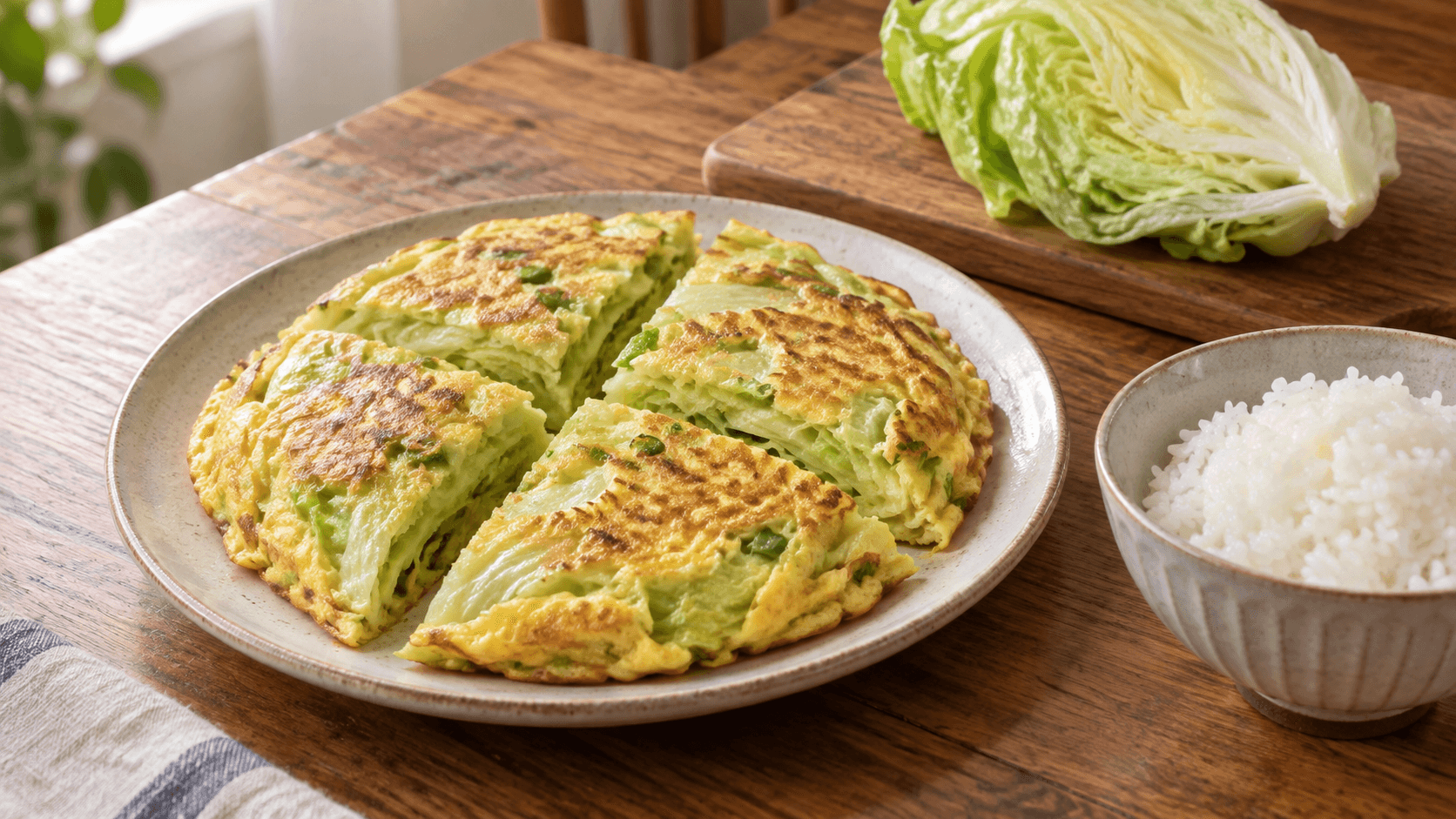 金黃的胡椒萵苣煎蛋切塊，切面可見淡綠萵苣菜絲，旁有白飯與分開擺放的生鮮結球萵苣；AI 生成料理示意