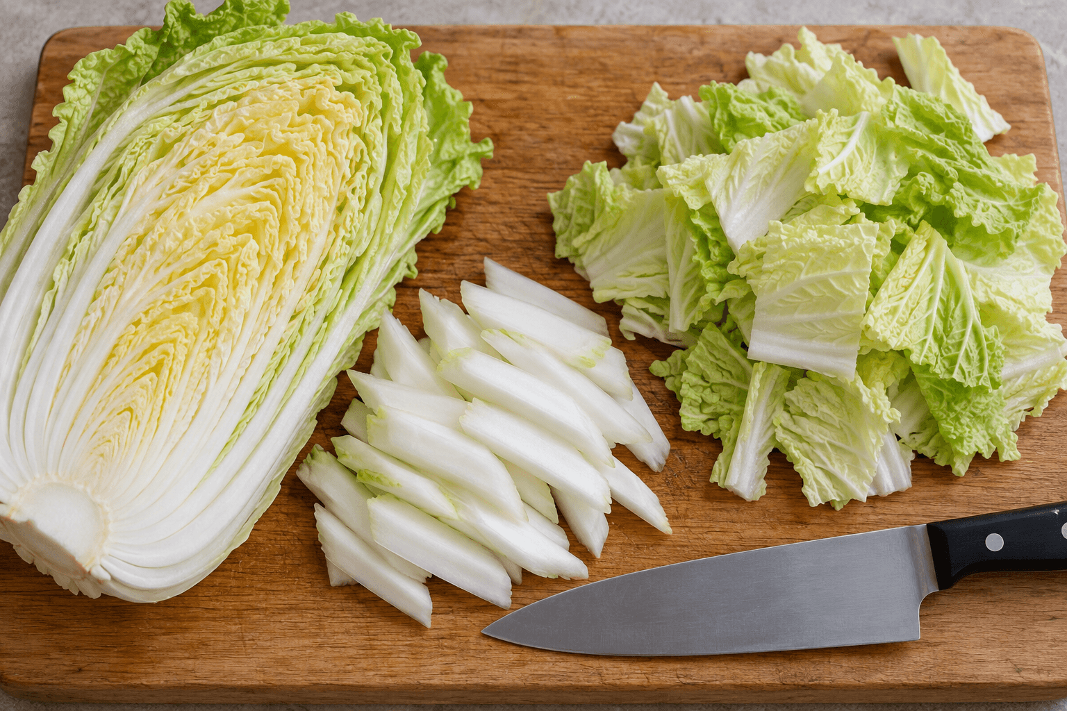白菜豬肉蒸鍋的備料與料理情境，AI 生成示意