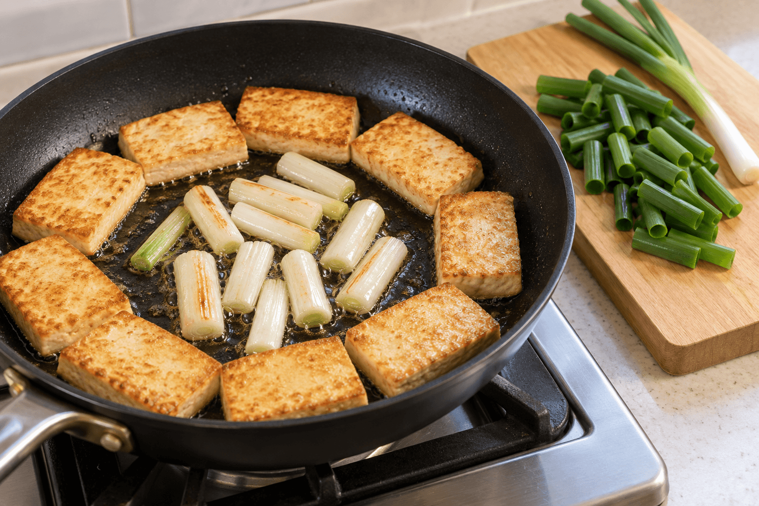 青蔥醬香煎豆腐的備料與料理情境，AI 生成示意