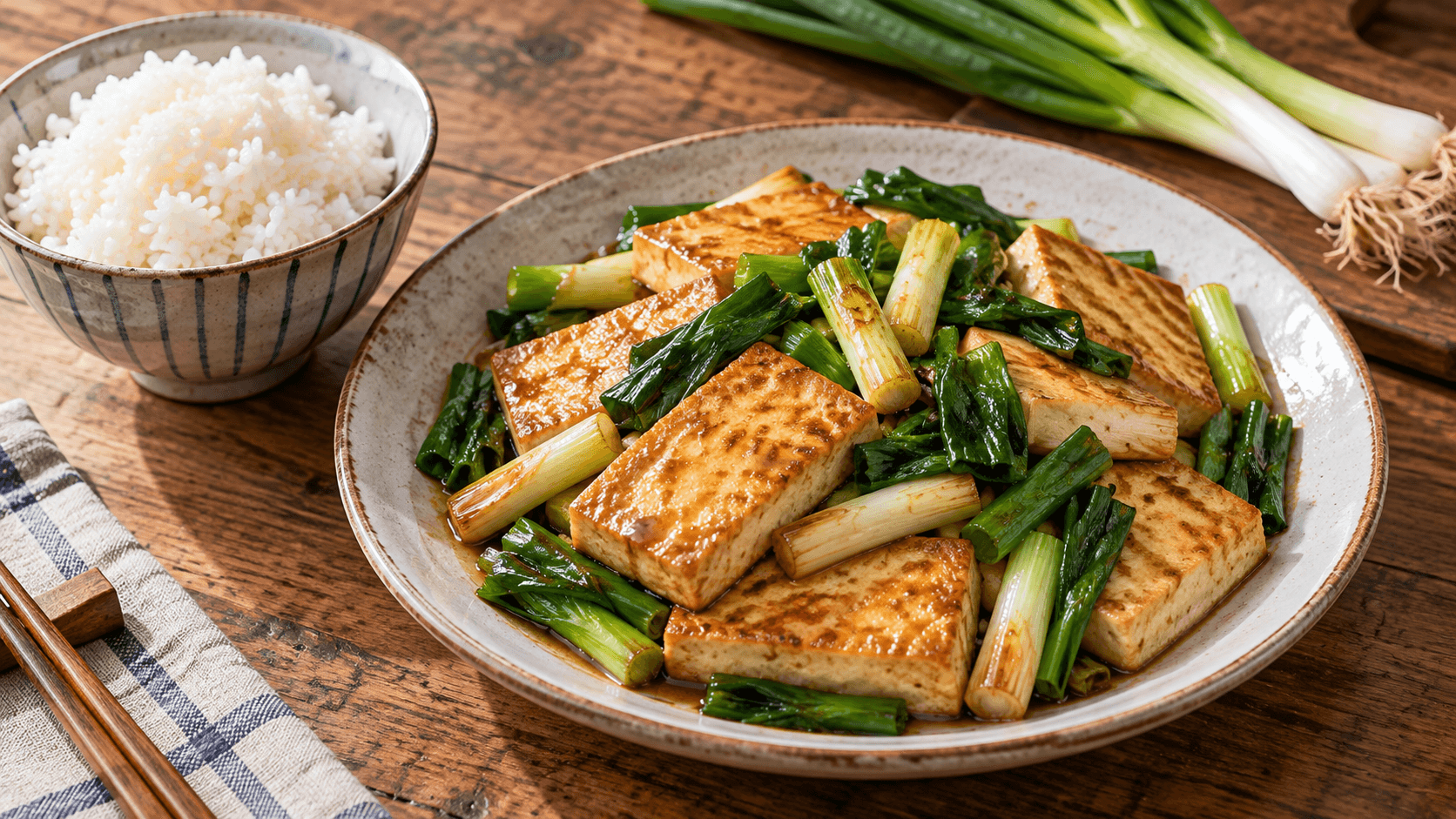 大量熟青蔥段與金黃板豆腐裹著薄醬汁，旁邊是一碗白飯；AI 生成料理情境示意