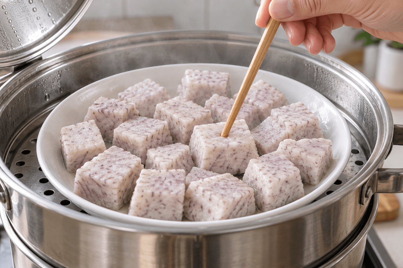芋頭蒜香燒肉片的備料與料理情境，AI 生成示意