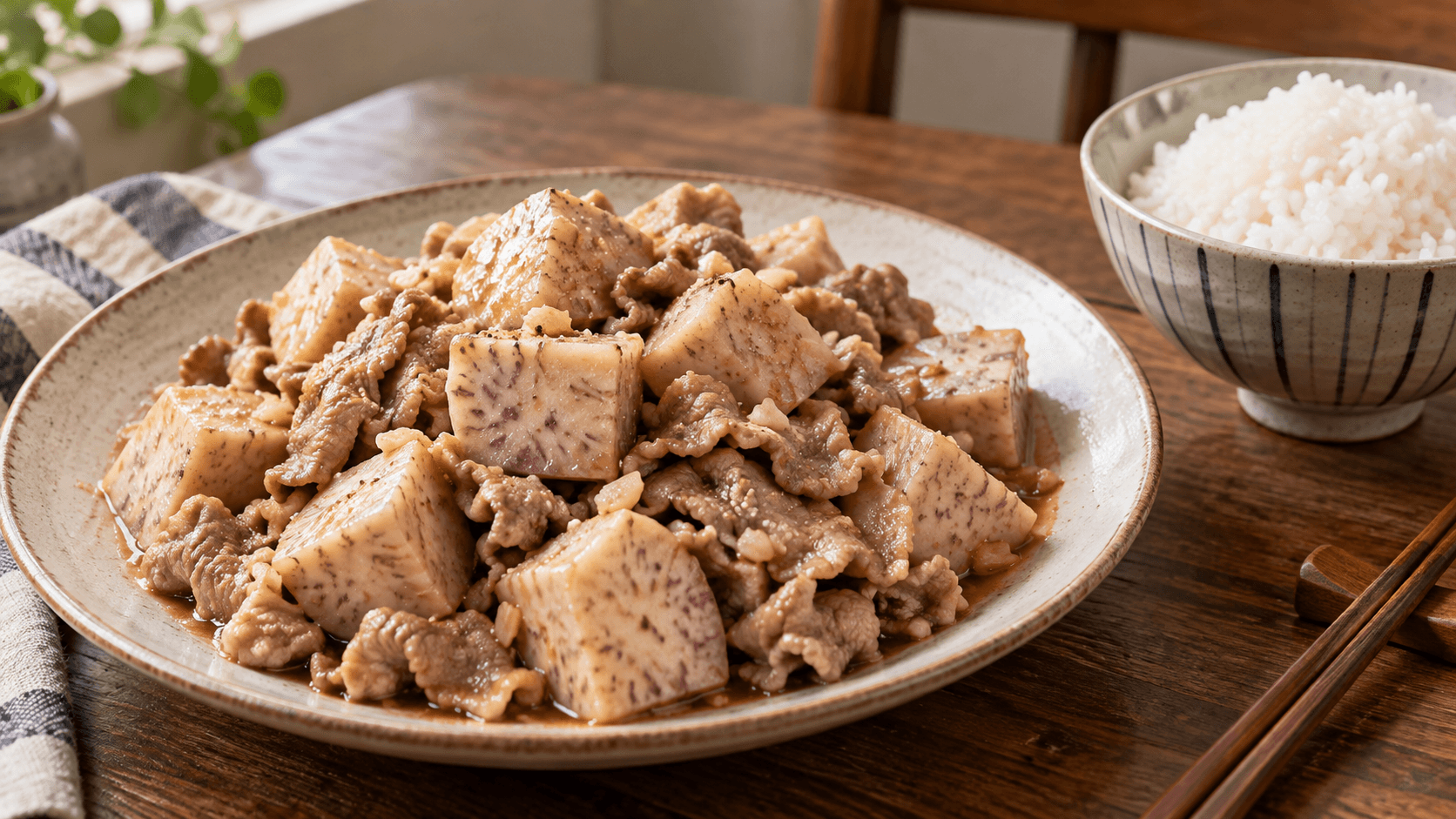 鬆綿芋頭塊與豬梅花肉片裹著蒜香薄醬，旁邊搭配一碗白飯；AI 生成料理情境示意