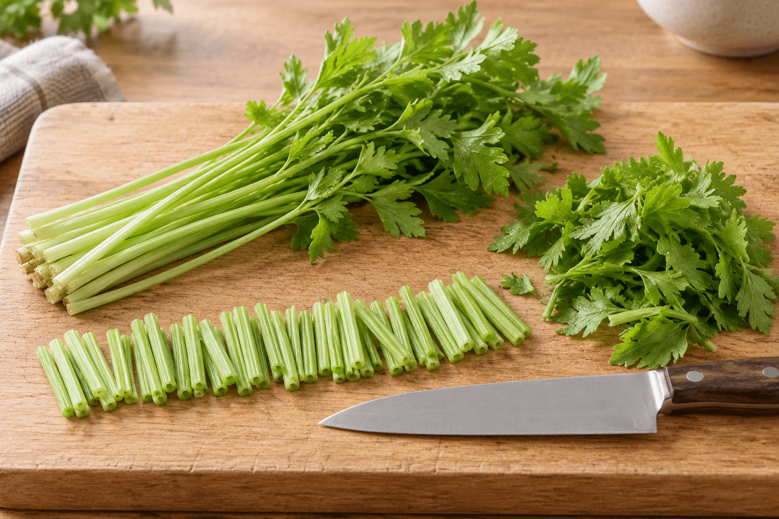芹菜豆干炒肉絲的備料與料理情境，AI 生成示意