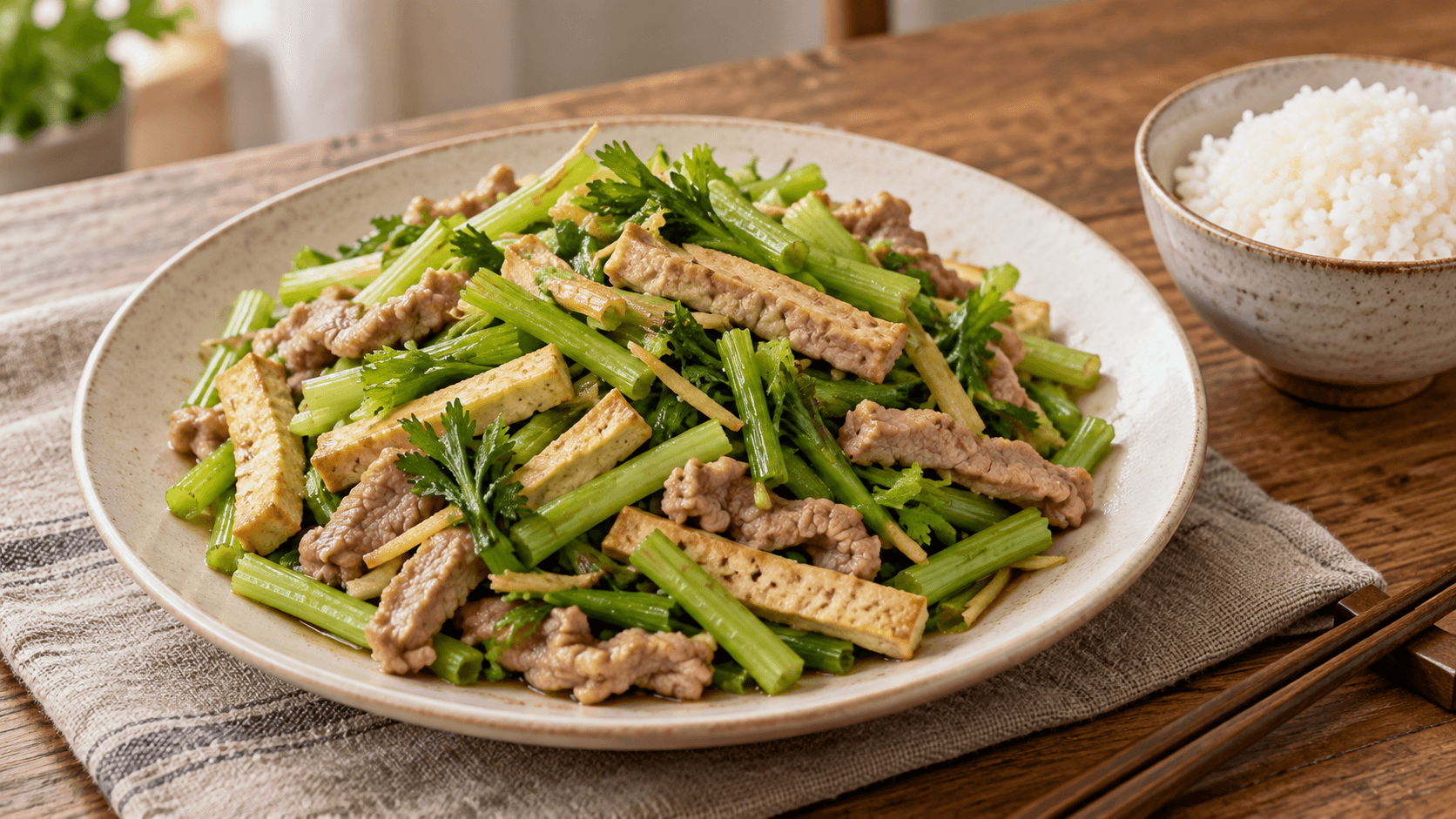 AI 生成料理情境：綠色芹菜短段、豆干條與熟豬肉絲拌炒，旁置一碗白飯。