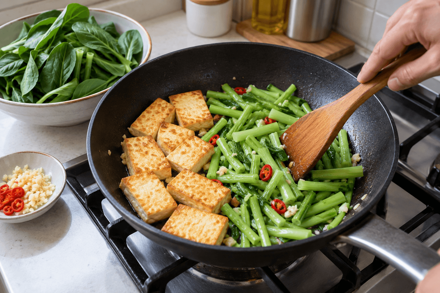 蒜香油菜煎豆腐的備料與料理情境，AI 生成示意