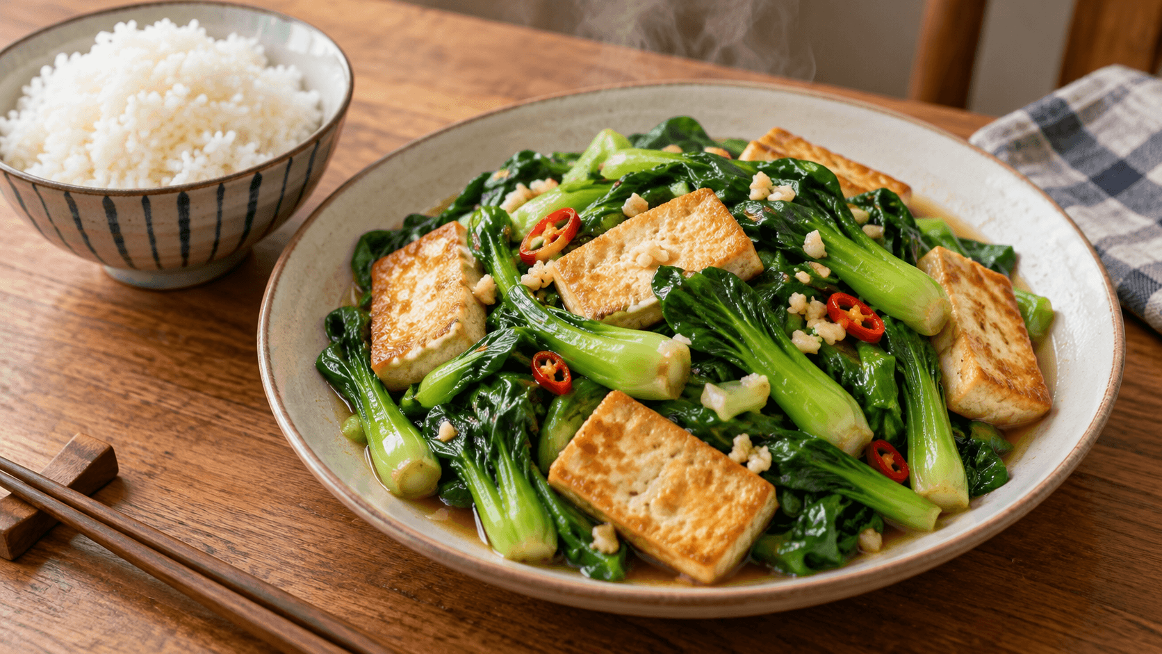 蒜香油菜煎豆腐盛盤並搭配一碗白飯的 AI 生成料理情境示意