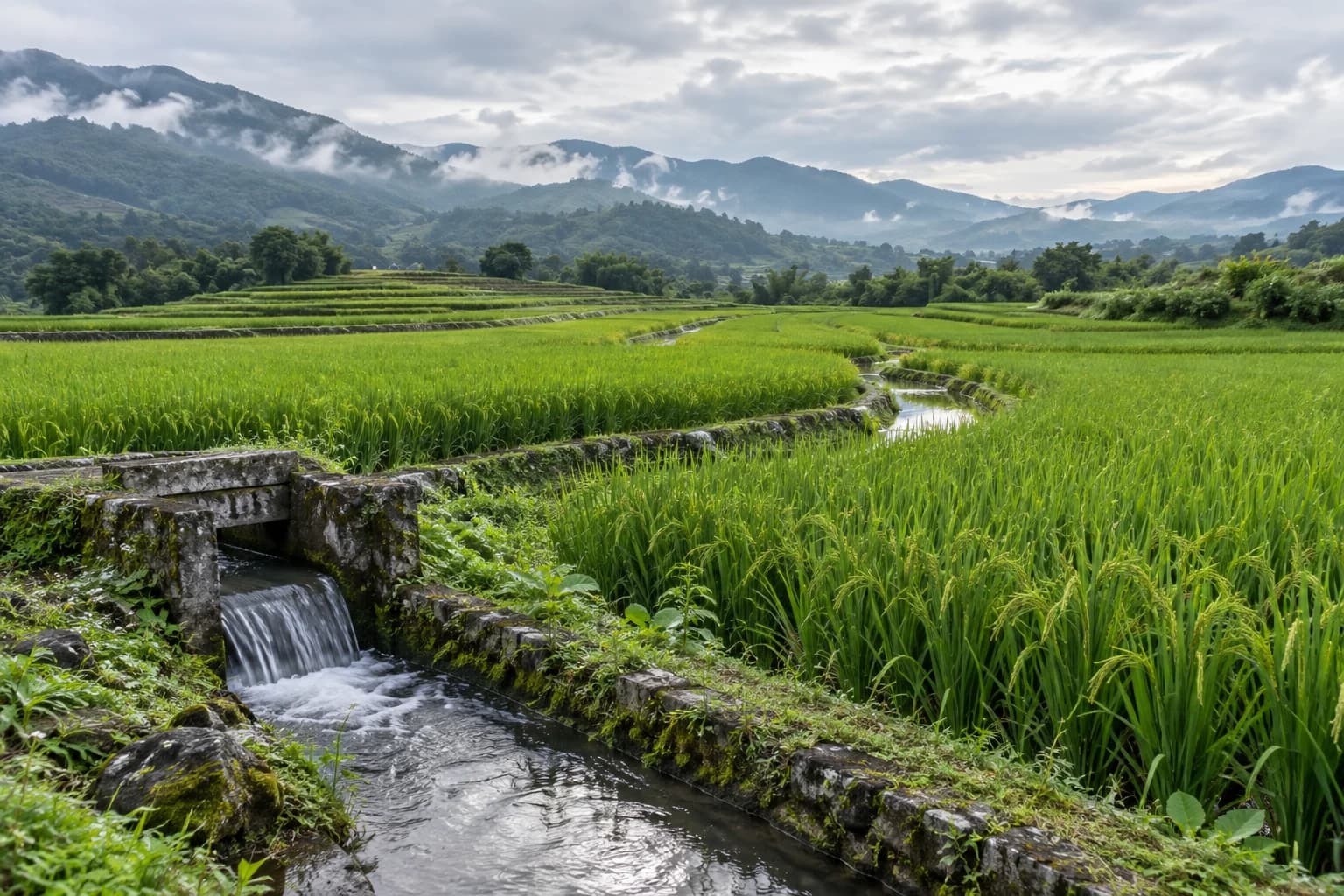 雨後晨光下的綠色稻田,灌溉水閘與蜿蜒水圳通向山間雲霧