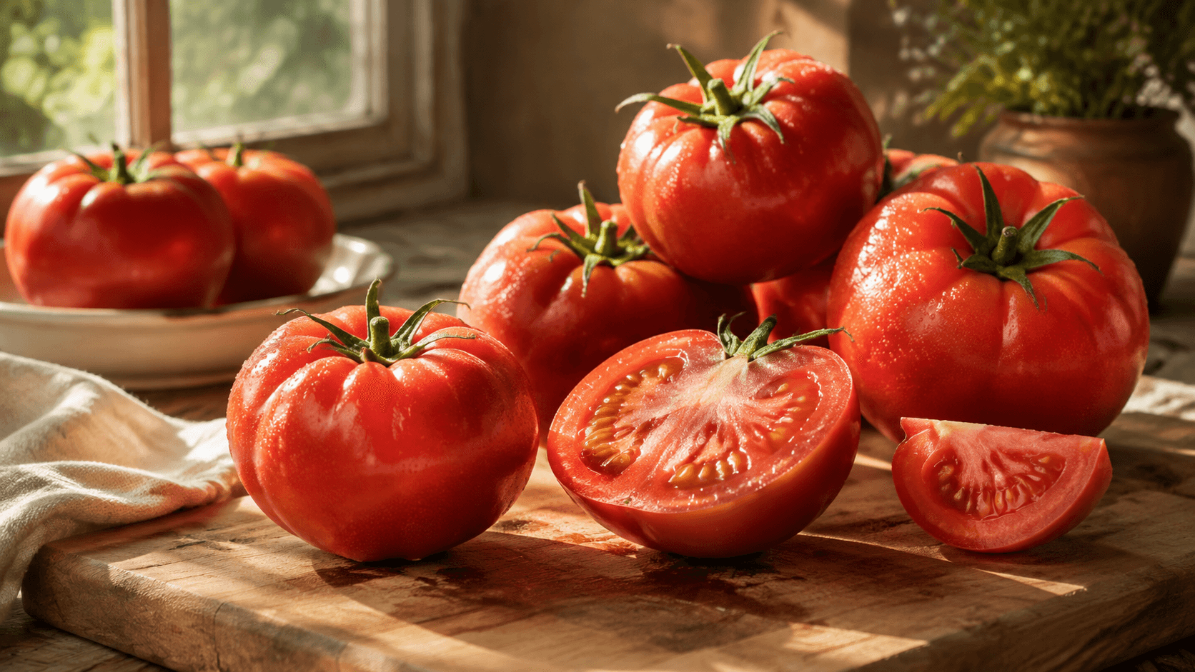 木質砧板上擺放完整與剖開的紅番茄,呈現白露時節的番茄料理情境